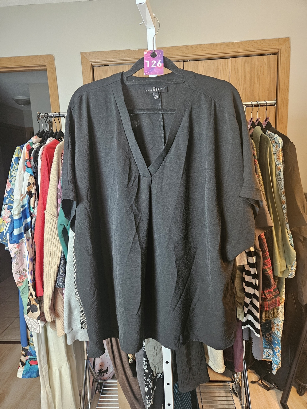 Fred David Black V-Neck Short Sleeve Blouse